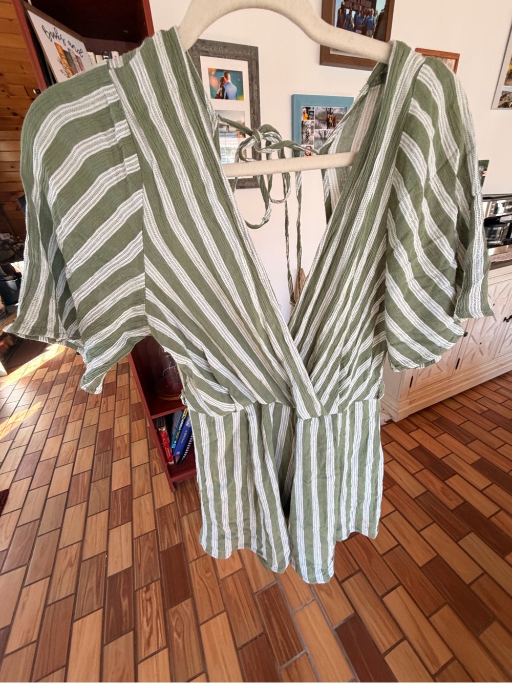 Trixxi Green and White Striped V-Neck Wrap Tunic